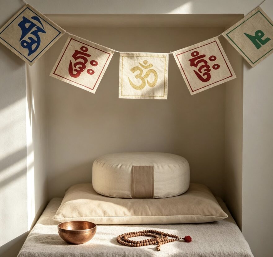 Peaceful Intention Tibetan prayer flag with Buddhist chanting letters image 1
