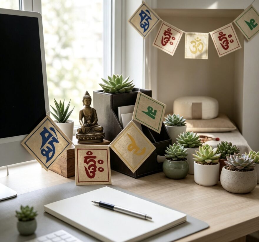 Peaceful Intention Tibetan prayer flag with Buddhist chanting letters image 2