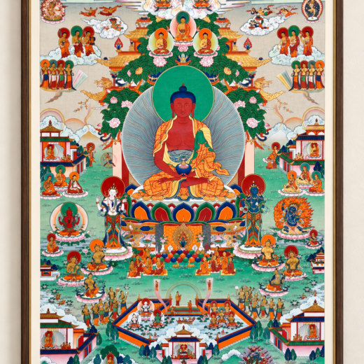 Hand-painted Buddhist thangka in a dark wood frame