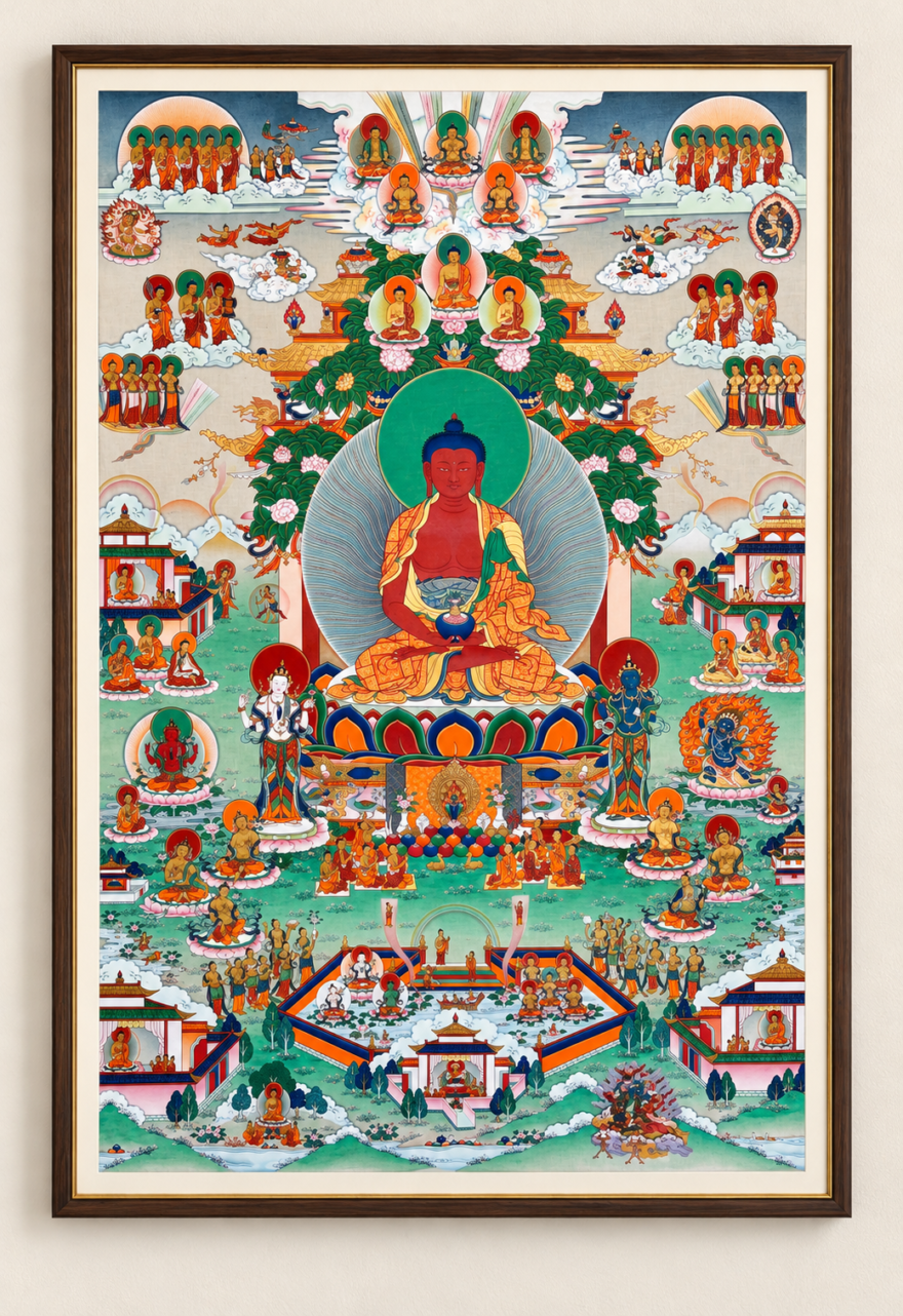 Hand-painted Buddhist thangka in a dark wood frame