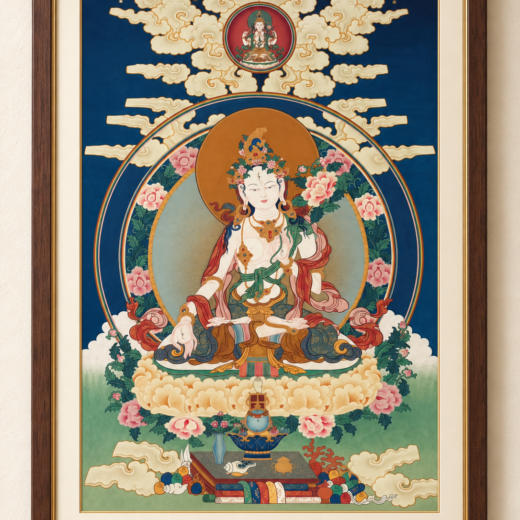 Framed hand-painted White Tara thangka with natural mineral pigments