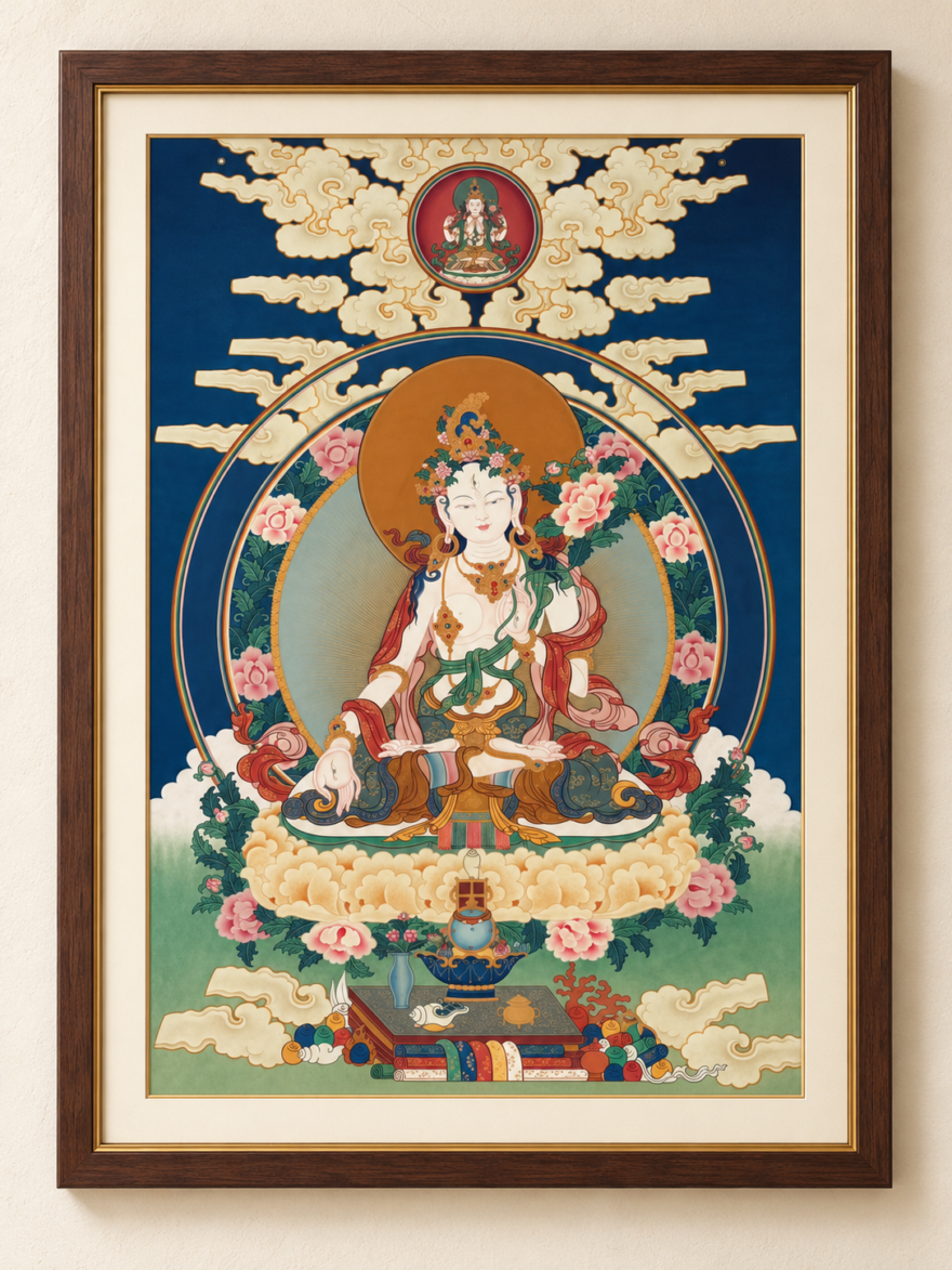 Framed hand-painted White Tara thangka with natural mineral pigments