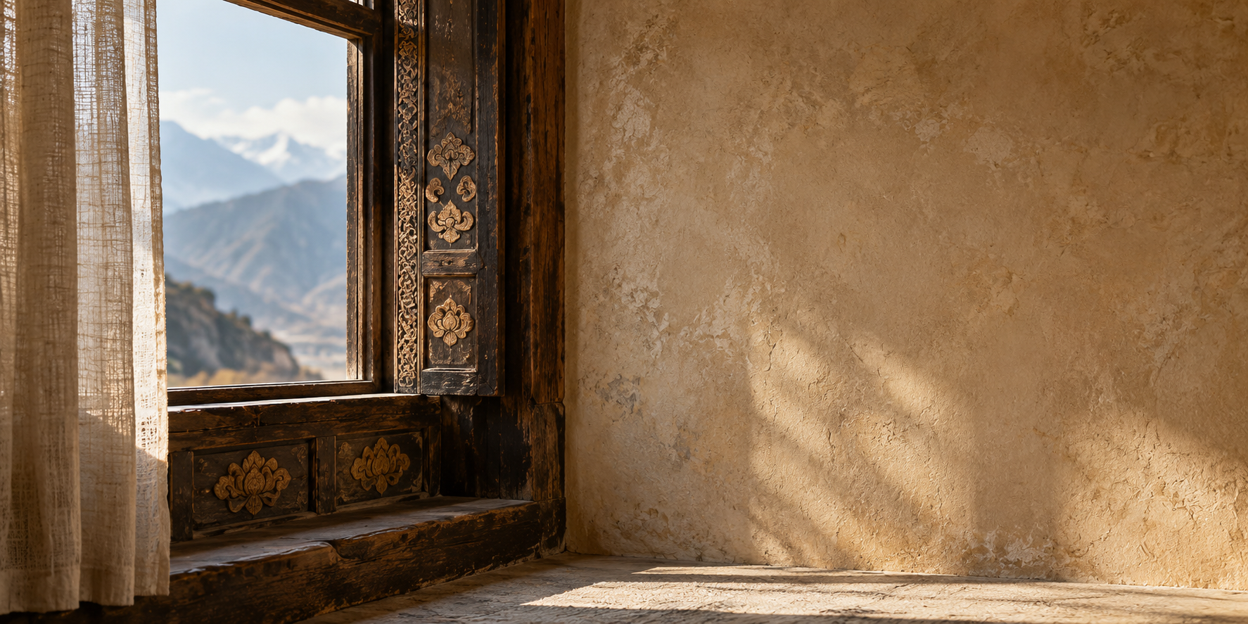 Warm light through a carved wooden window in the Tibetan highlands